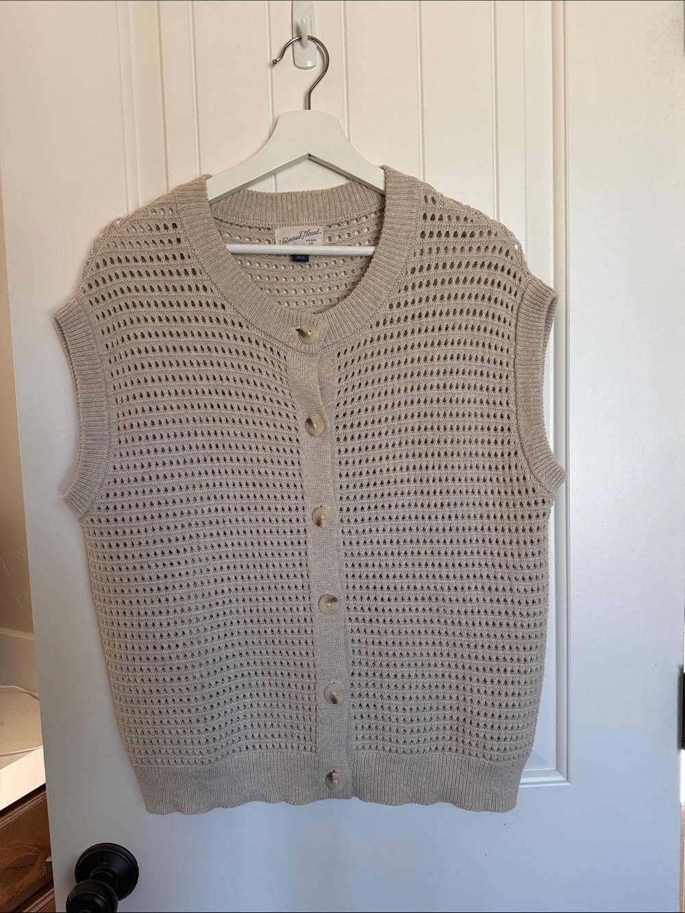 Universal Thread Openwork Sleeveless Button-Front Knit Vest in Beige